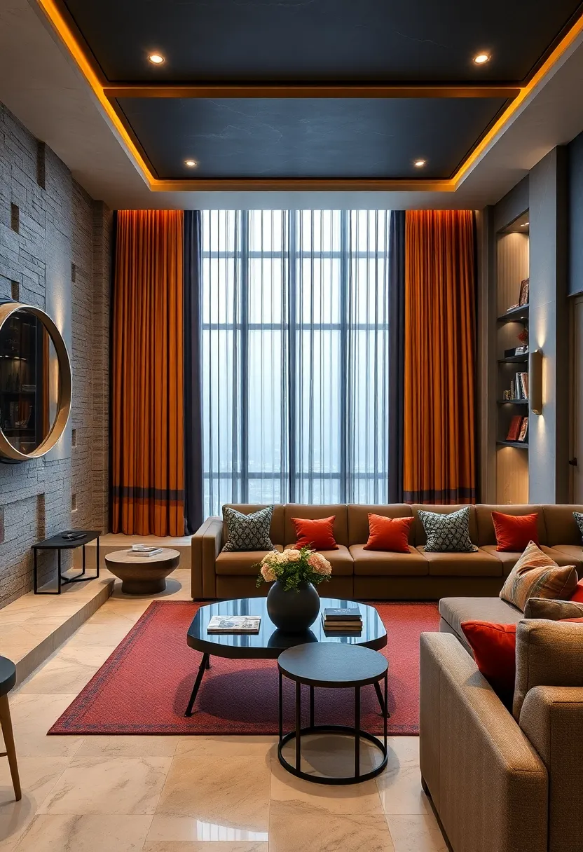 Layered⁣ drapery in contrasting rich fabrics⁢ frames the⁣ windows and improves acoustics elegantly