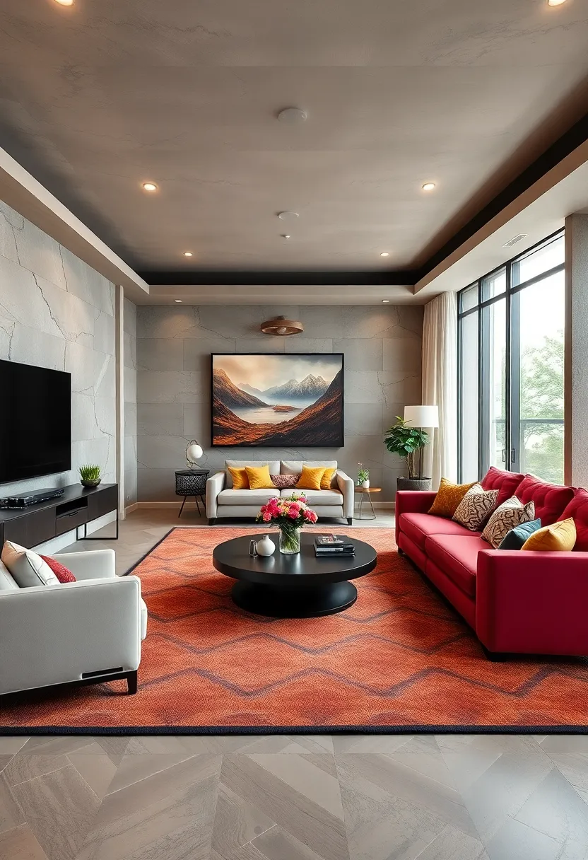 Bold geometric patterned ⁣rugs anchor the space while adding visual intrigue underfoot