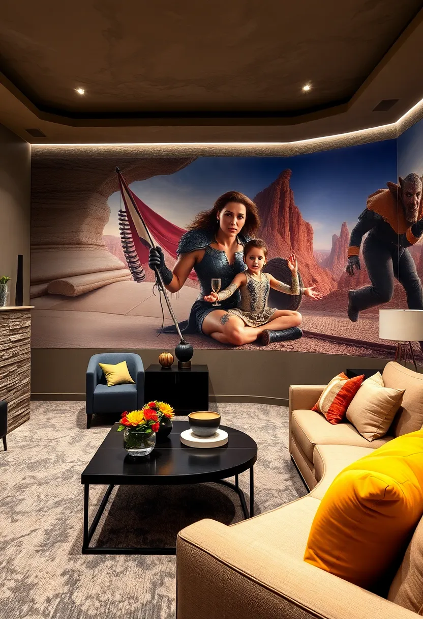 Statement wall murals depicting cinematic scenes immerse viewers in a bold, themed environment