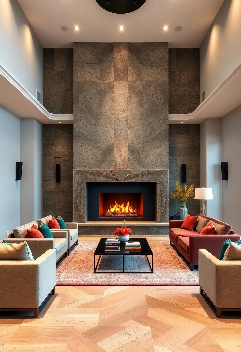 An ornate fireplace in⁣ the same bold palette serves as a stunning centerpiece and warmth source