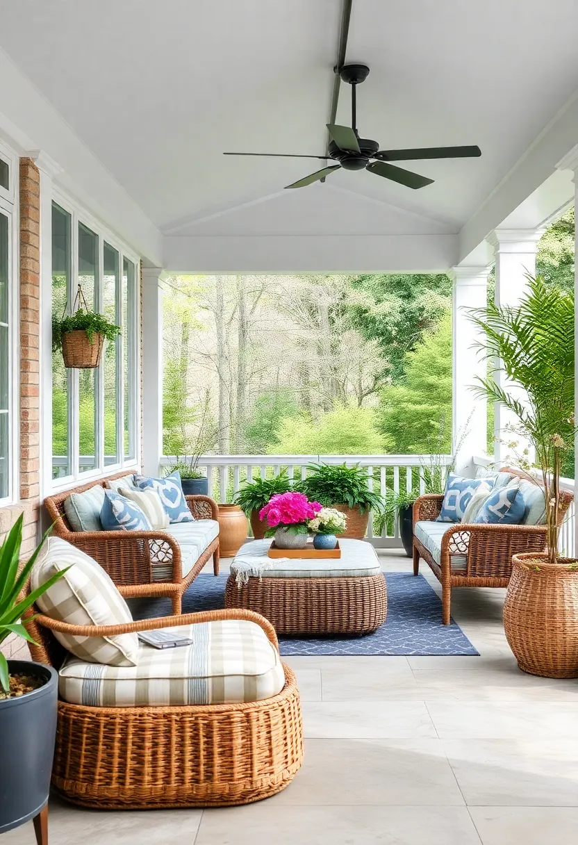 Use woven‍ baskets or storage ottomans‌ to keep the porch​ tidy and stylish