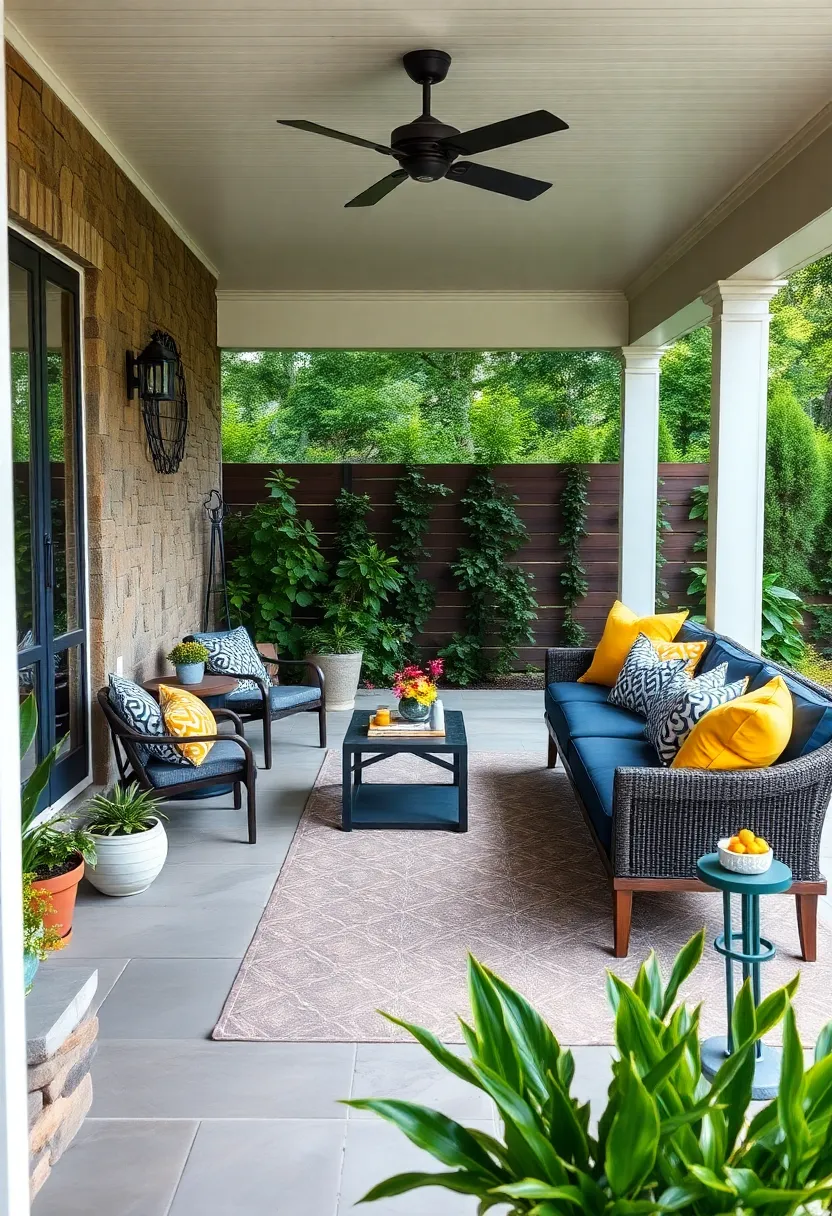 Opt for deep navy⁢ seating accented‌ with ‍bright‌ yellow​ throw pillows⁤ and a geometric patterned rug ⁣for a modern twist