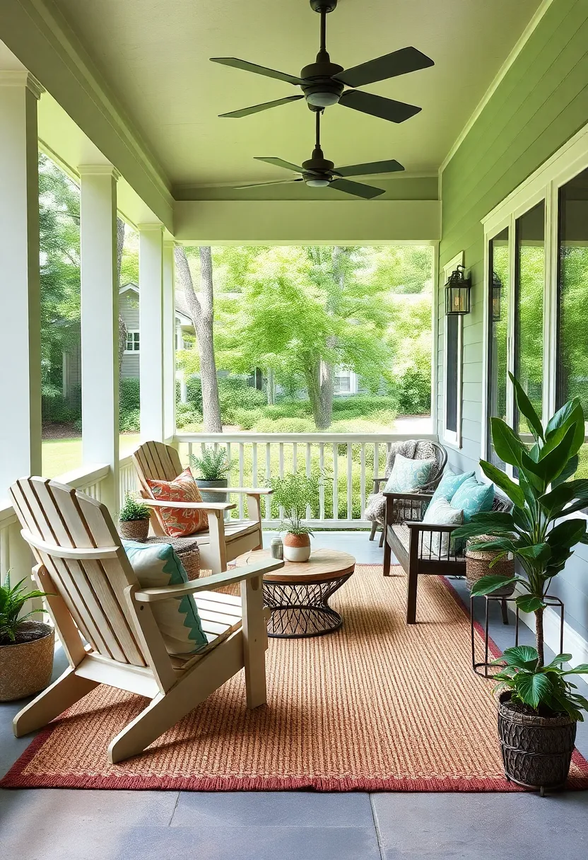 Equip your porch with​ Adirondack chairs and a braided wool rug for a​ cozy, cabin-inspired retreat