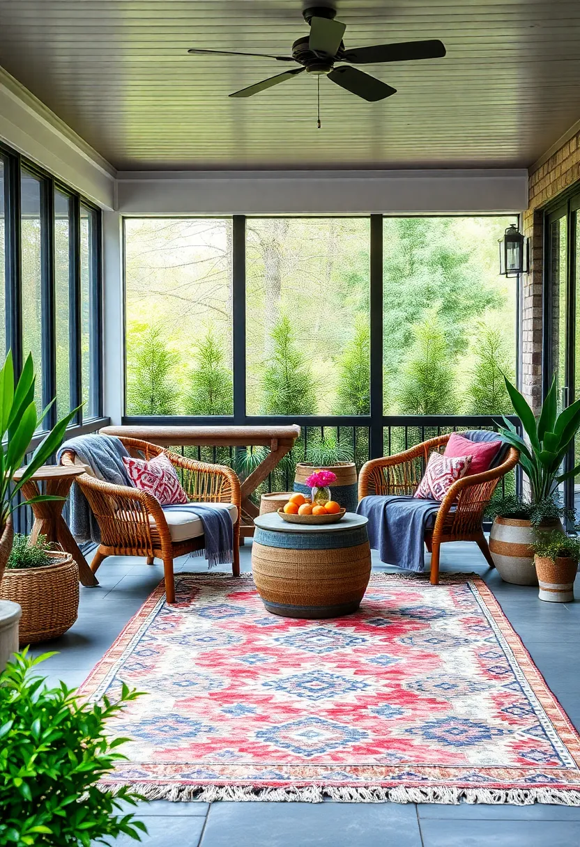 Layer ‍patterned throw blankets on ⁢rattan ‌chairs complemented by a large-scale kilim ⁢rug for​ a global chic aesthetic