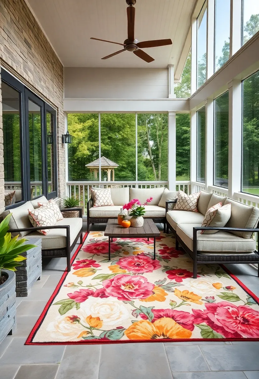 Use⁤ plush sectional sofas in neutral tones ⁢paired​ with a⁤ vibrant floral rug to bring life​ and ​comfort ⁣to your‌ screened porch