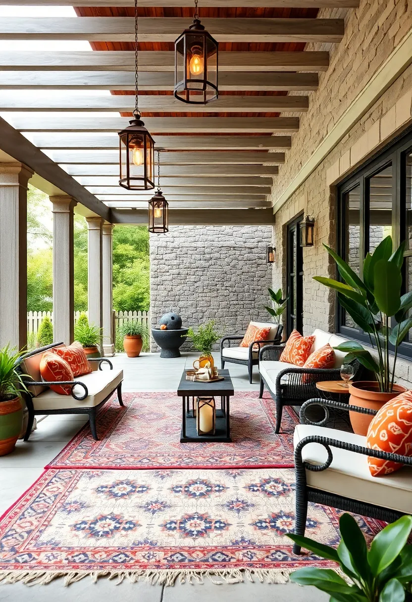 Utilize ​a ​pergola-style screened ⁢porch with hanging lanterns and an intricate Moroccan rug for exotic ambiance