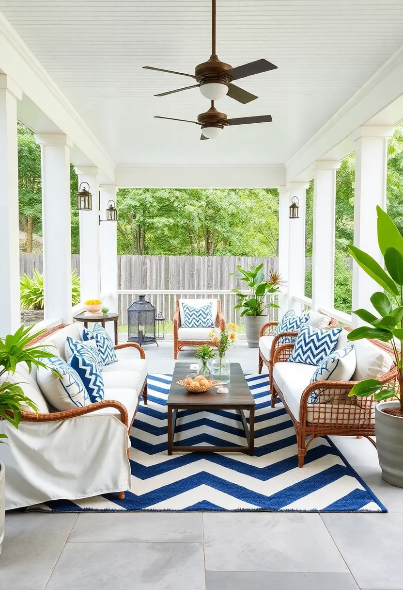 Opt for classic white slipcovered furniture⁤ paired⁣ with a navy and white ⁣chevron rug for ⁣timeless coastal ⁢elegance