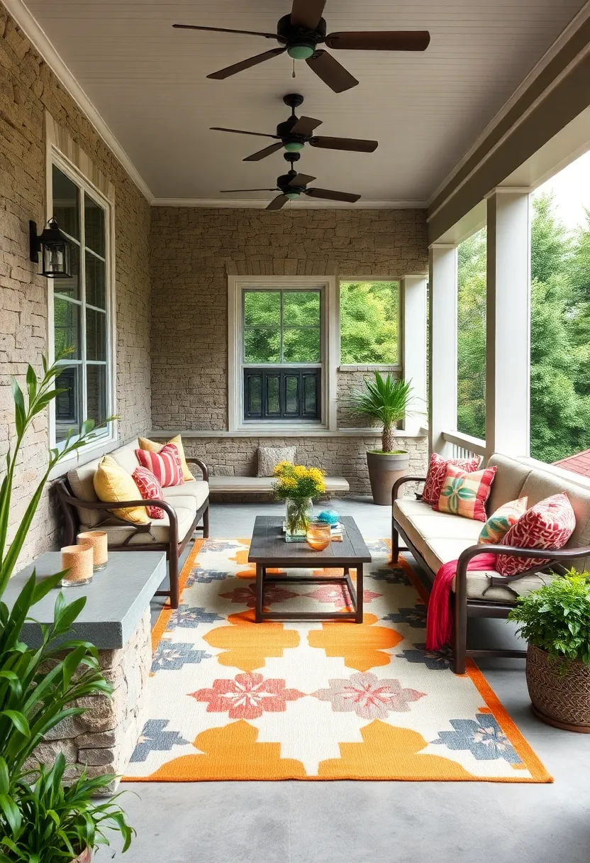 Incorporate a built-in bench‌ with colorful cushions atop a ‍painted outdoor ⁤rug to⁣ maximize space and style