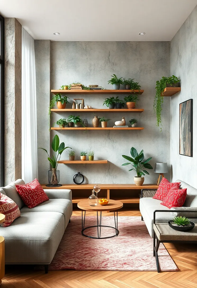 Integrate floating shelves​ with ​a small indoor garden for ⁤a refreshing ​and stylish living room feature