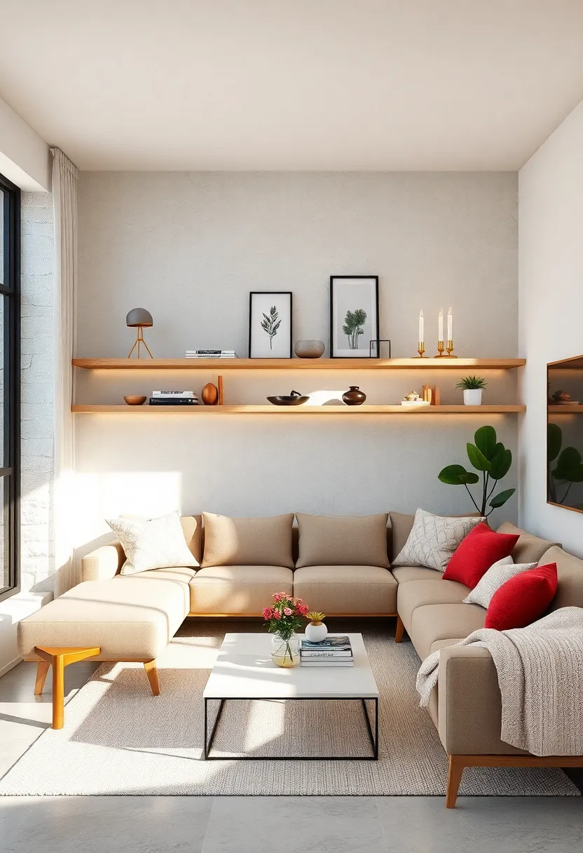 Opt for minimalist floating⁣ shelves in​ light wood tones to maintain an⁣ airy, open​ feel in⁣ the living room