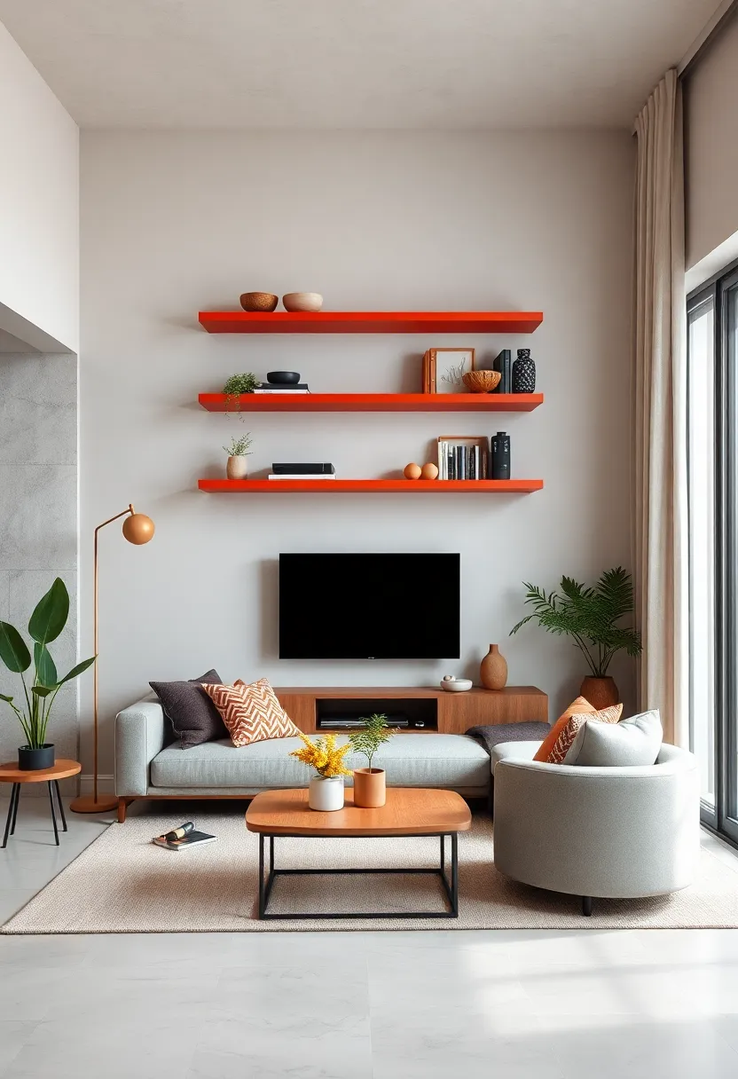 Paint floating ⁤shelves ⁢in a bold color to create a​ striking contrast against neutral walls in the​ living‍ room