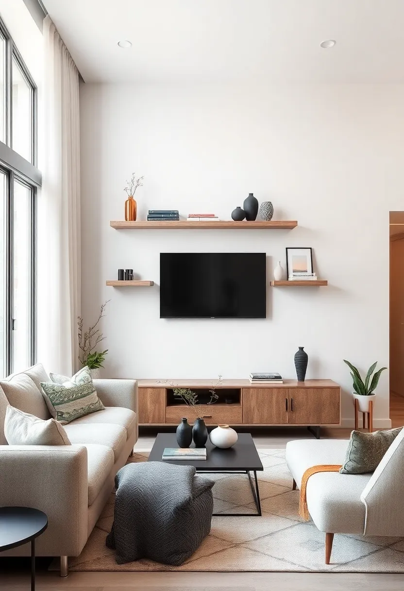 Place floating shelves above a console table to create a layered storage effect without cluttering the room