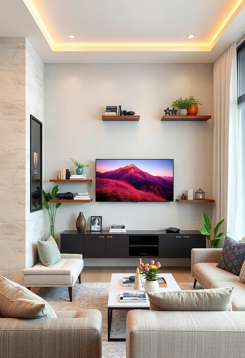 Incorporate​ floating shelves under a wall-mounted TV to neatly organize media devices​ and accessories