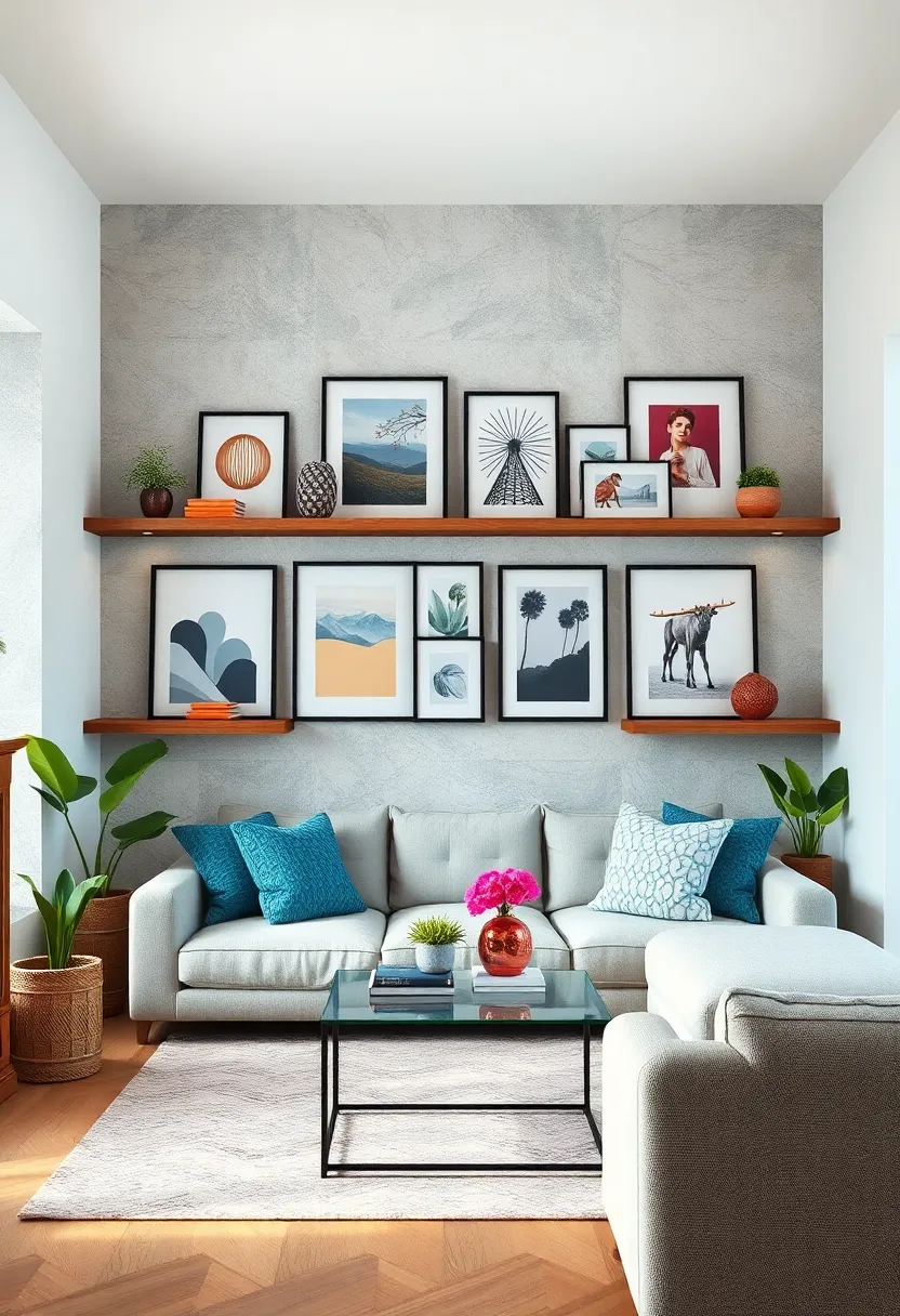 Use floating shelves to frame a gallery wall, blending framed art and functional storage seamlessly