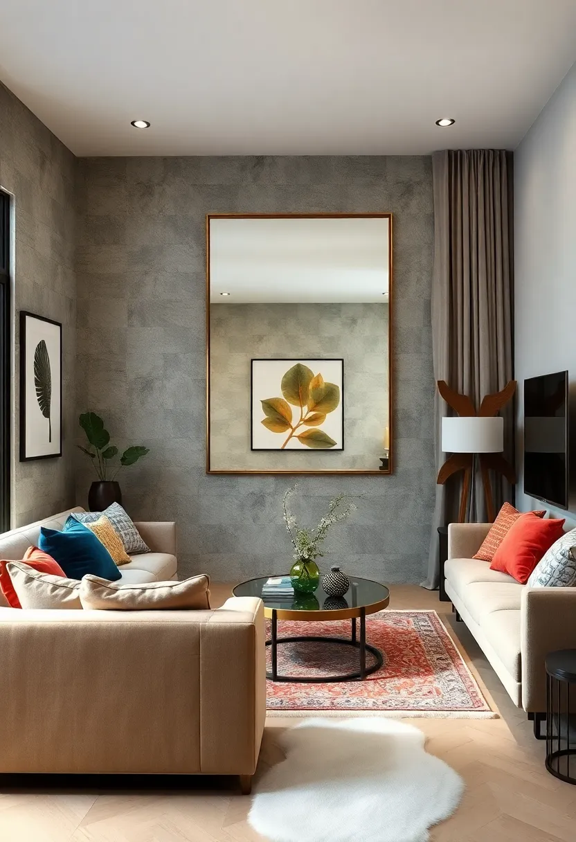 Place a large mirror opposite a light source to reflect light and visually expand the space