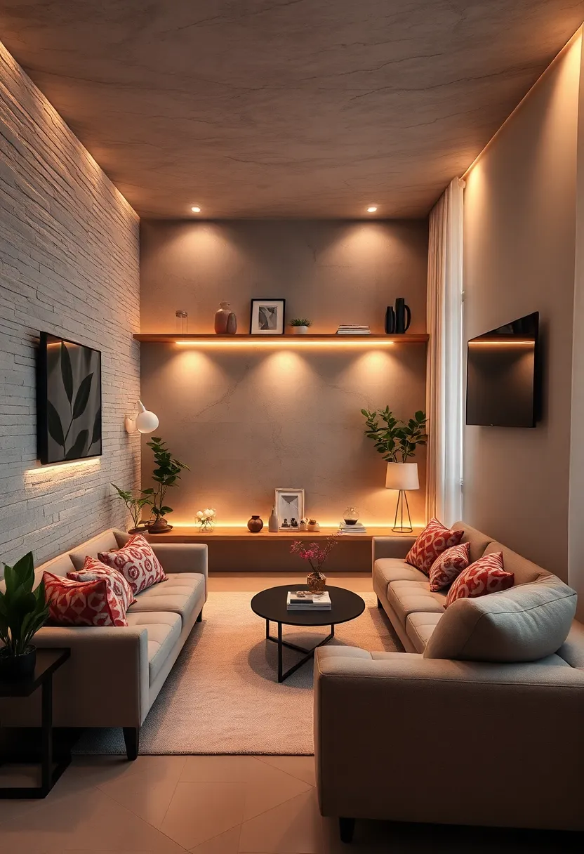 Incorporate LED strip lights under shelves or along the ceiling perimeter for subtle indirect lighting