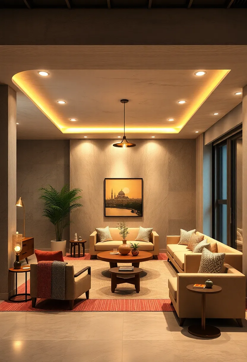 Align different styles of recessed lighting along with bold ornamental lights for spatial depth