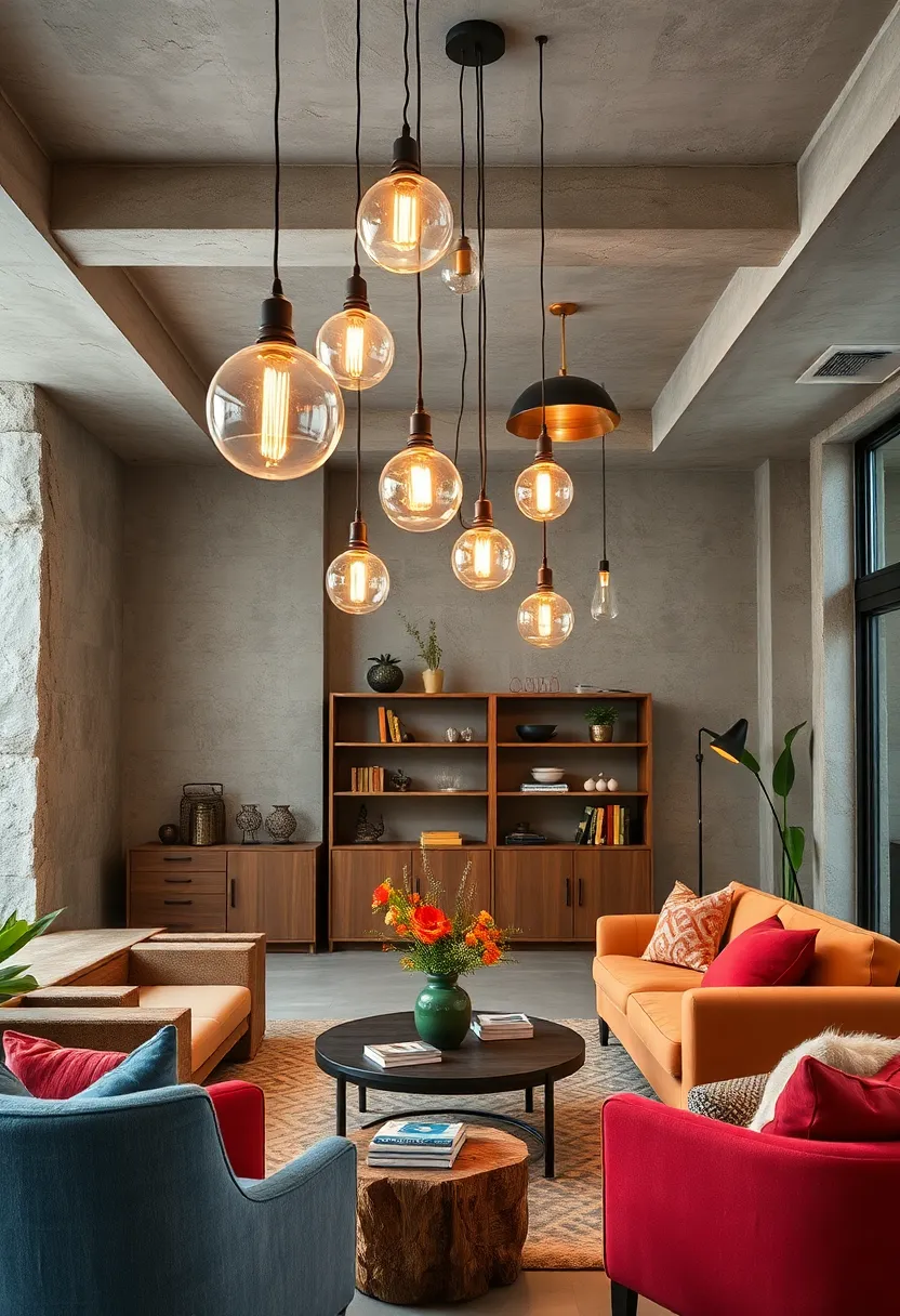 Hang a cluster of pendant lights at varying heights for dynamic visual interest