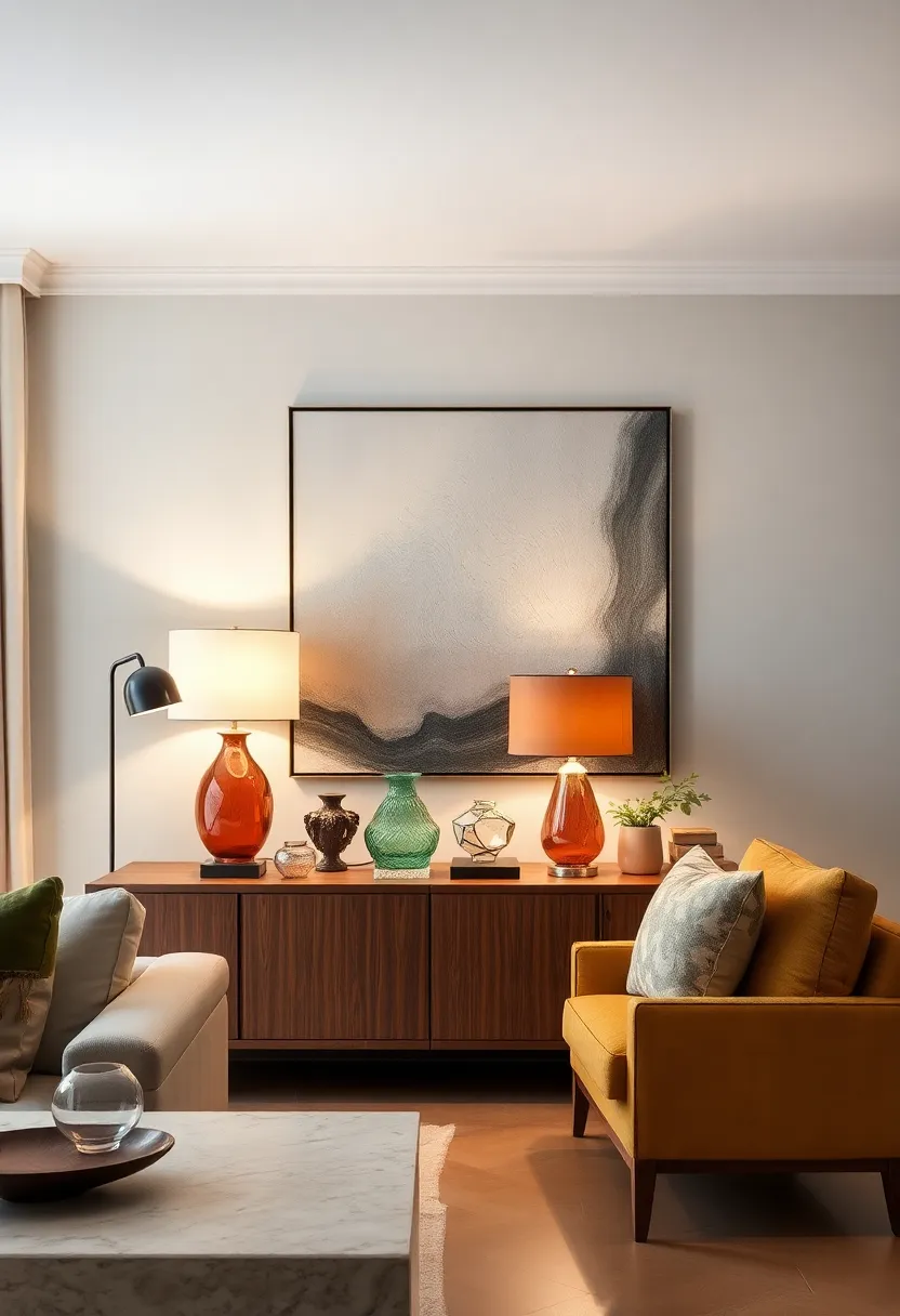 Layer table lamps of various styles on a sideboard for an eclectic lighting vignette