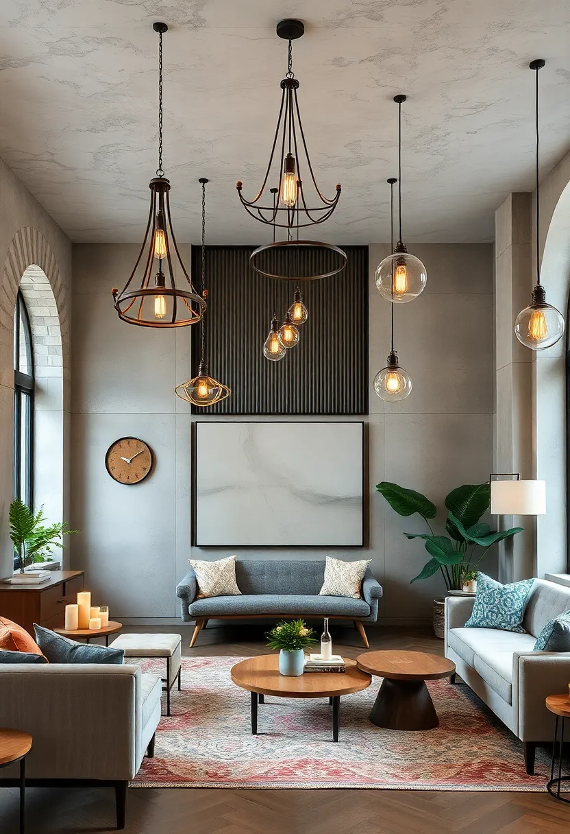 Mix vintage chandeliers with modern pendant lights to create a timeless focal point