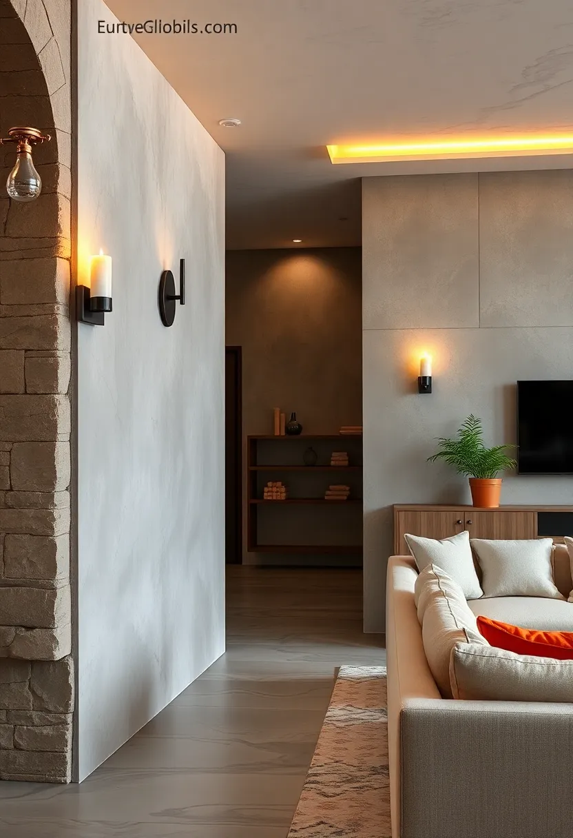 place wall-mounted candle sconces next to modern LED strip lighting for ambiance variety
