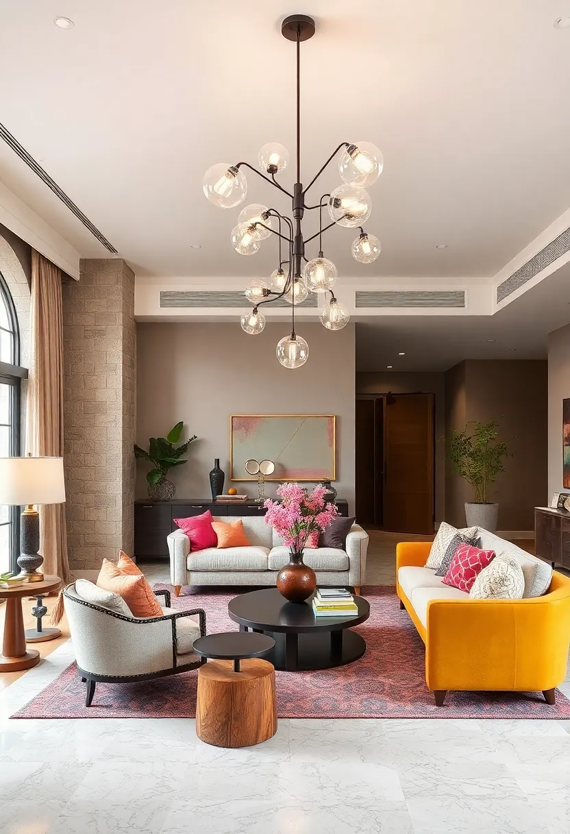 Use sculptural, asymmetrical chandeliers to anchor a room filled with diverse lighting pieces