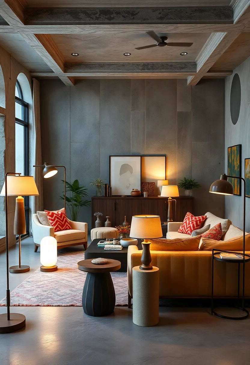 Use mismatched floor lamps around a seating area to define cozy conversation zones