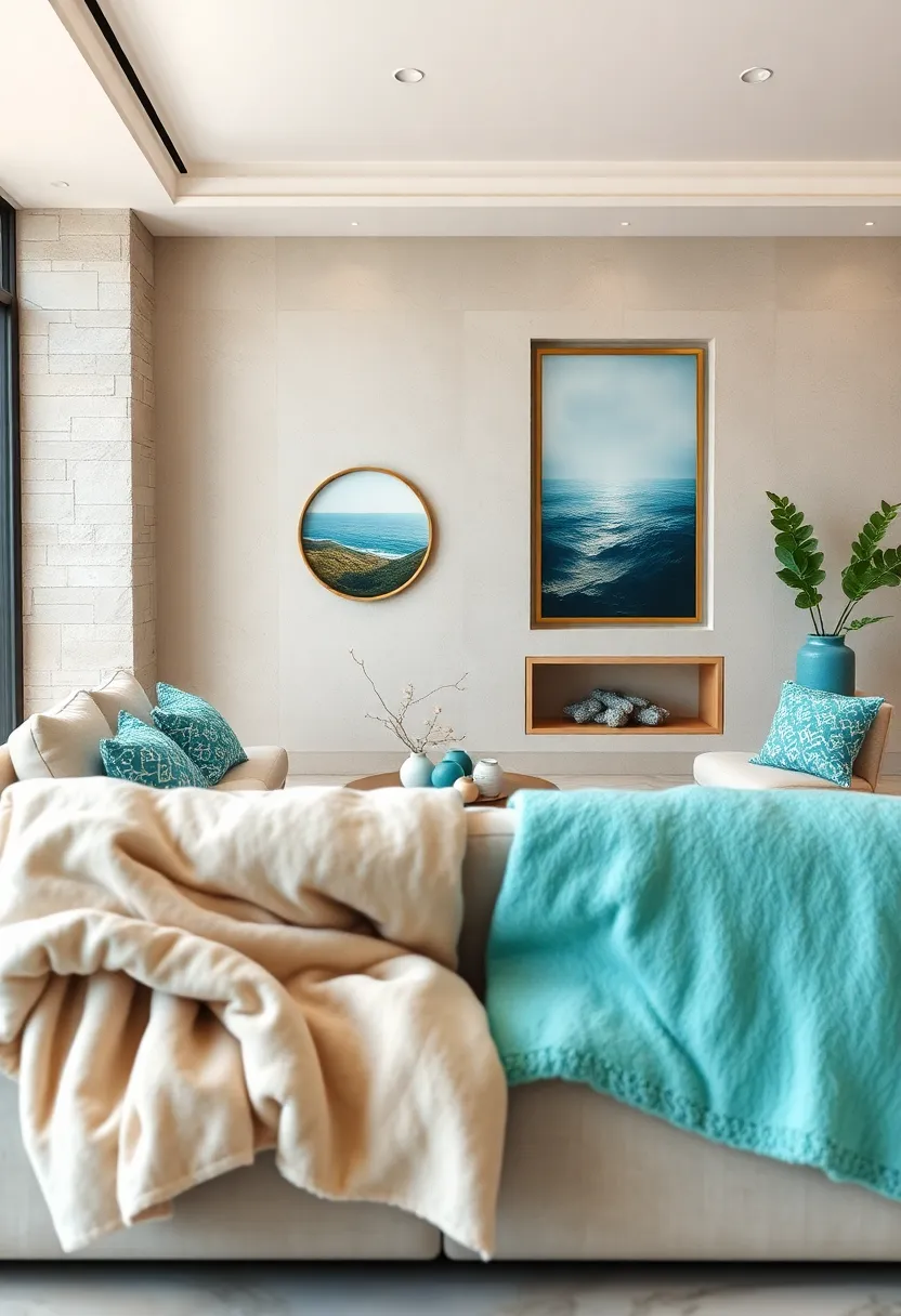 Plush throw blankets ‌in Soft Sand and Aqua ⁢Tones