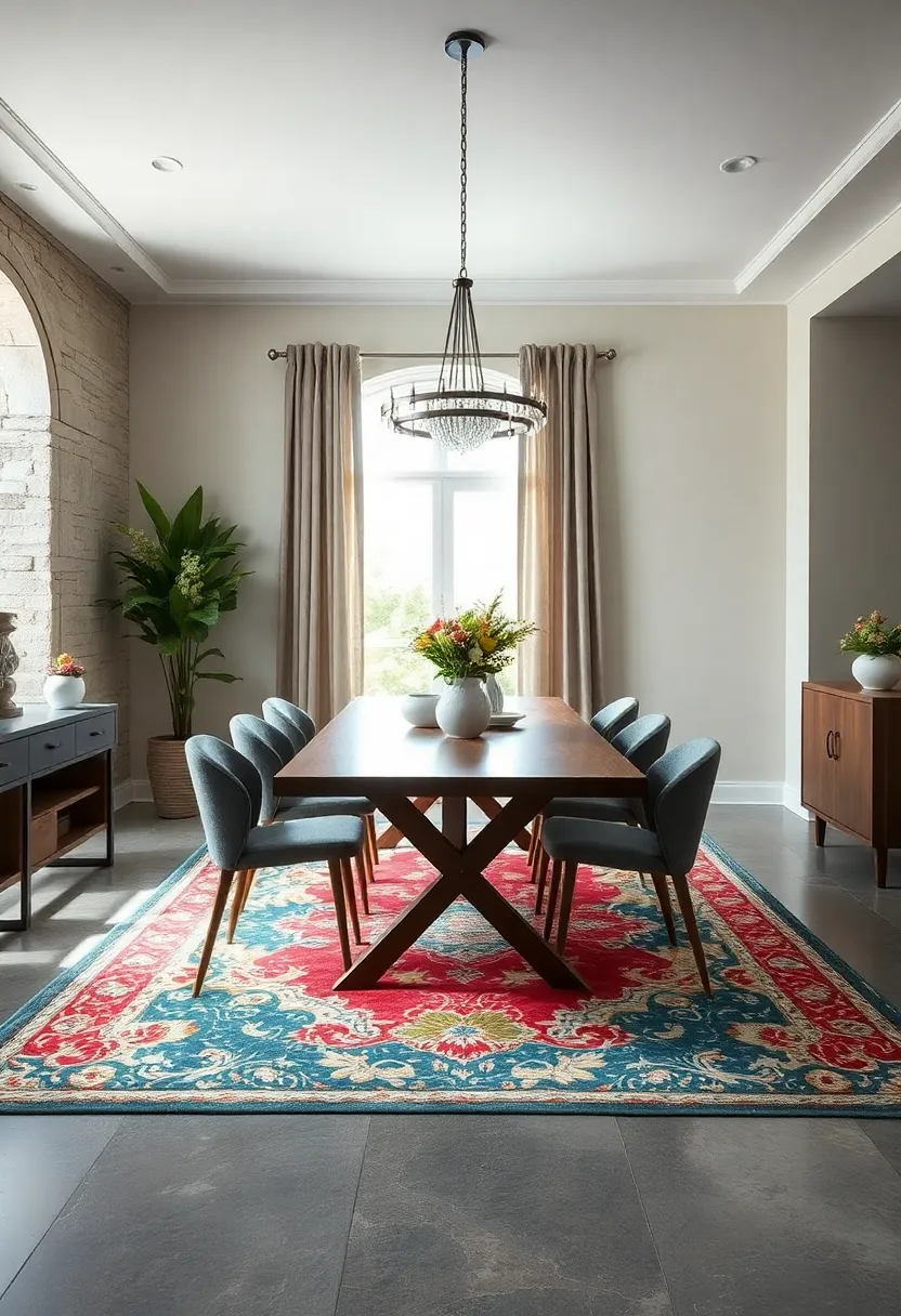 Layer a ​colorful area rug under the dining table to​ define the space and add warmth