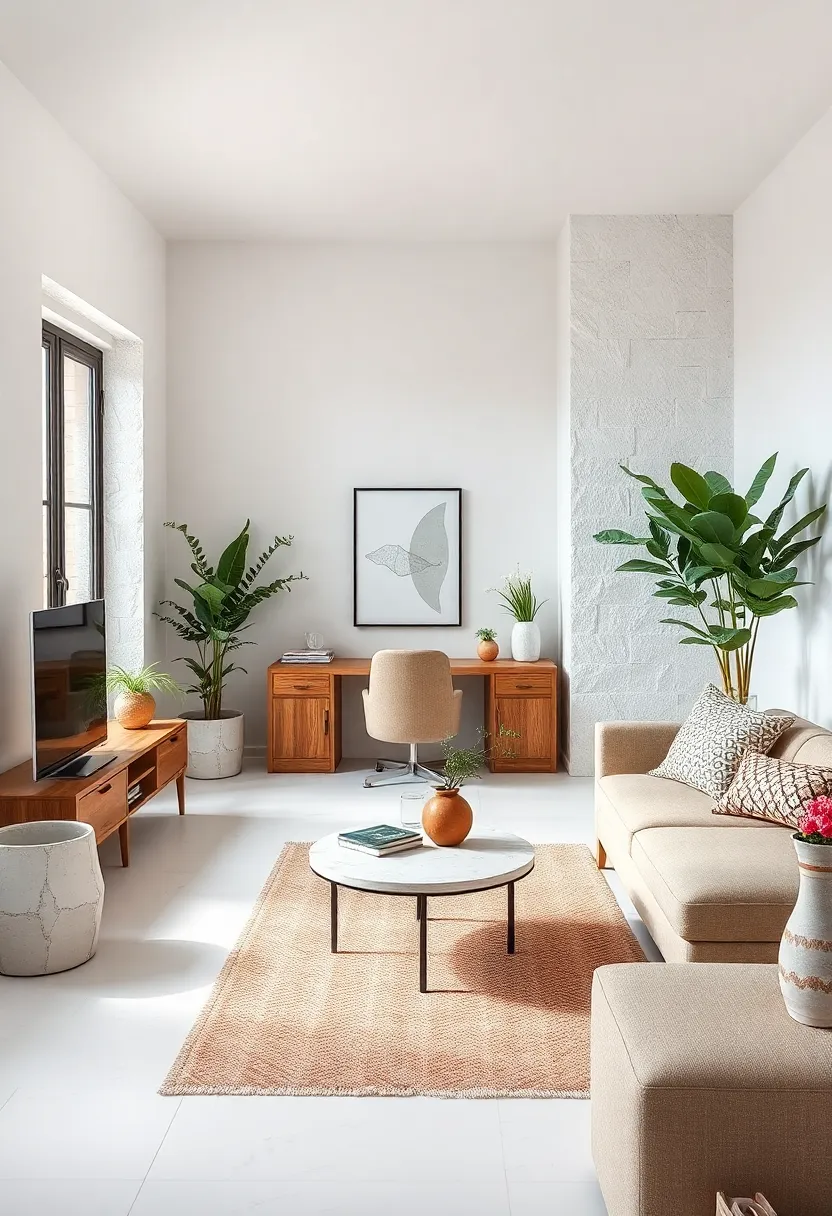 Chalk White and stone Textures: Chalky white paint with textured stone elements enhances a tactile calm