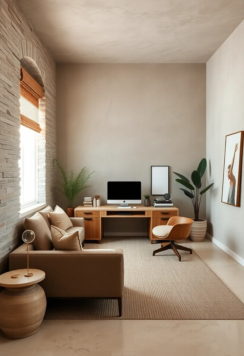 Earthy Taupe Ambiance: Combining taupe walls with woven textures brings organic calmness to your home office