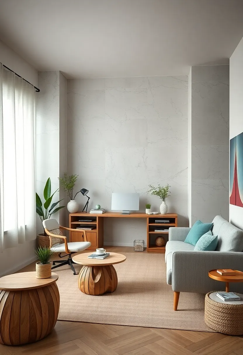 Oyster Shell Subtlety: Cool oyster tones paired with light wood add an airy and balanced feel