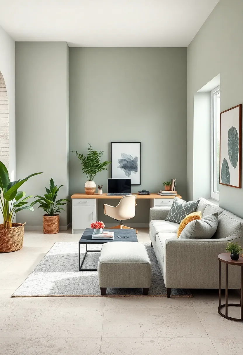 Sage Green Sanctuary: Muted sage walls and natural greenery cultivate a serene and balanced environment