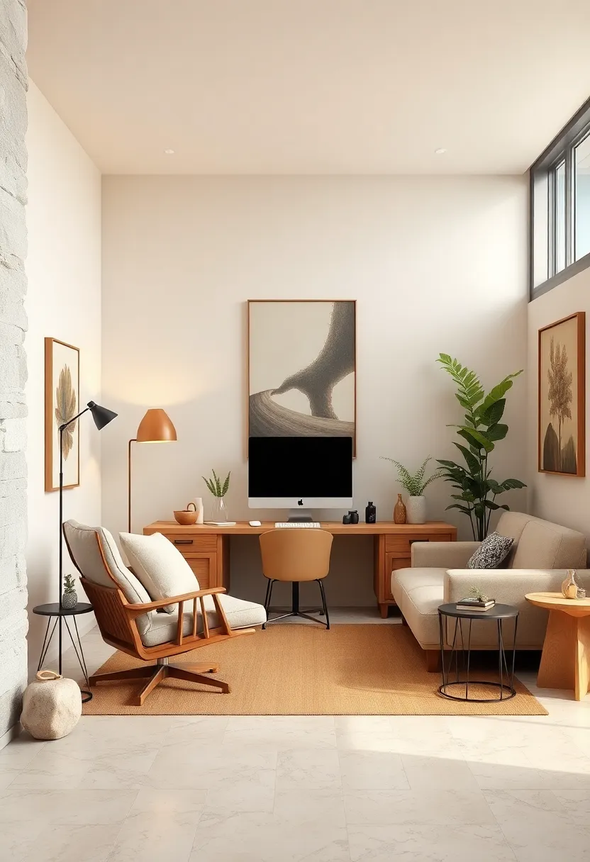 Soft Beige Serenity: A warm beige palette with natural wood accents creates a cozy, inviting atmosphere for focused work