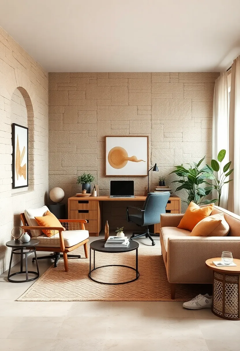 Warm Sandstone Retreat: Rustic sandstone hues mixed with soft textiles offer a relaxed yet professional workspace