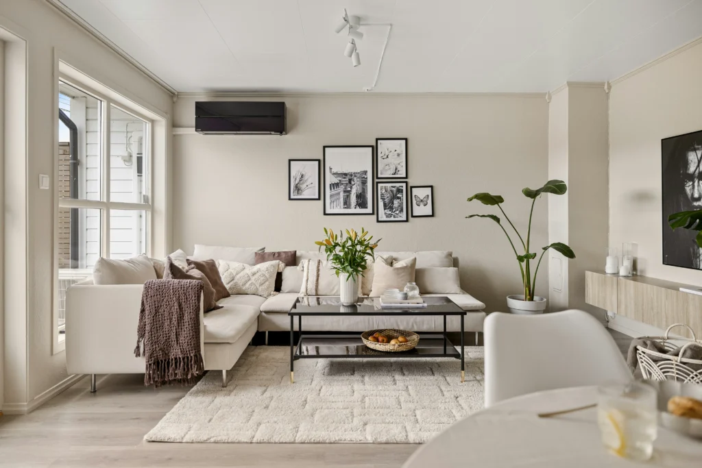 Living room with soft neutral tones and cozy textures