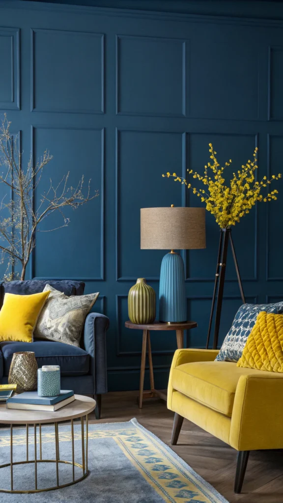 Living room with deep blue walls and yellow accents