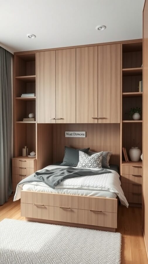 Small bedroom with multi-functional furniture including a bed with storage drawers and wall-mounted shelves.