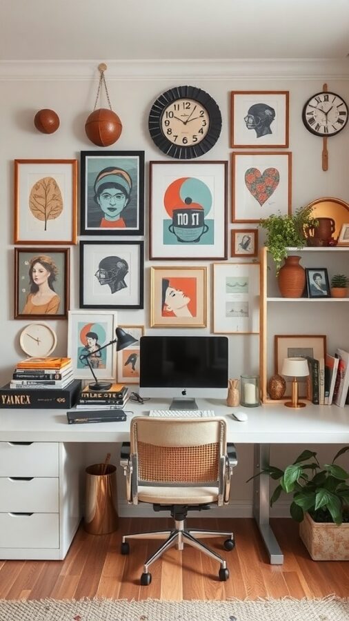 10 Essential Elements for a Moody Home Office Makeover 1 A cozy home office with a stylish desk, framed art on the wall, and decorative items.