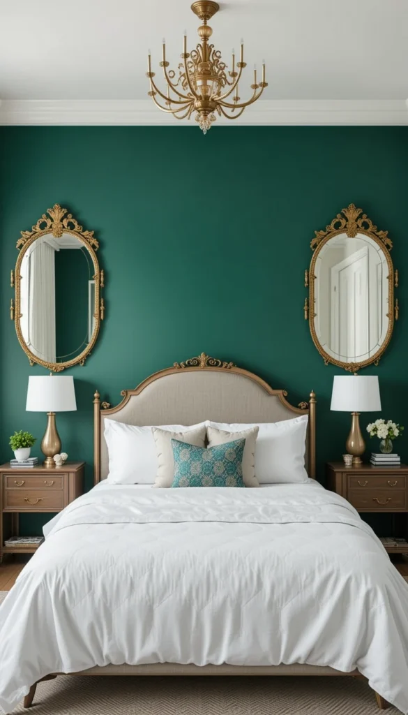 Emerald green accent wall in bedroom