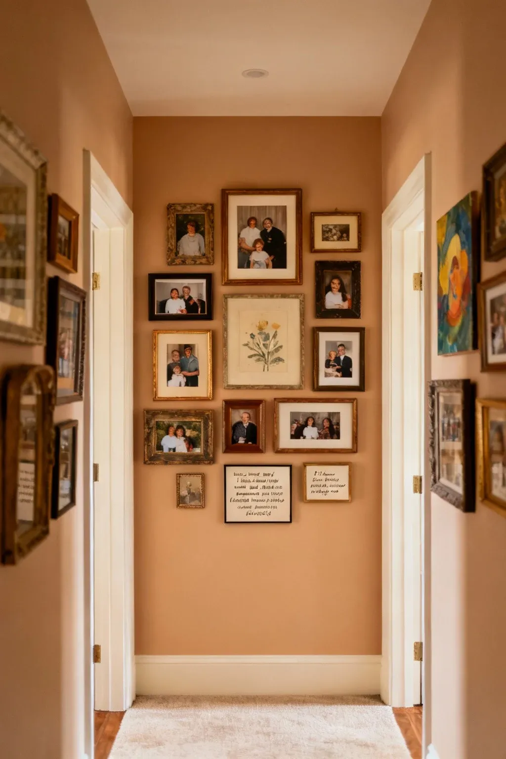 A cozy hallway with a gallery wall of eclectic family photos and art.