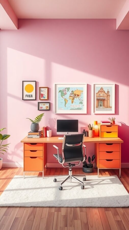 Colorful home office with bright orange desk and pink walls