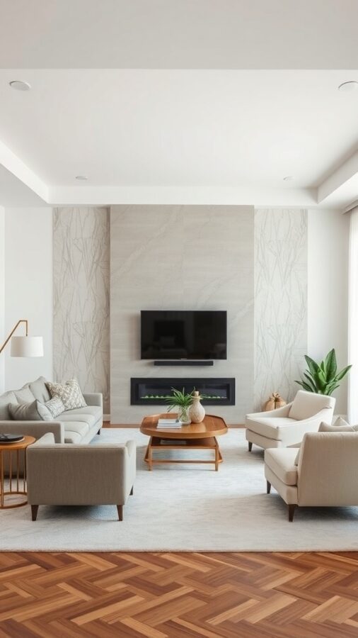10 Inspiring Neutral Living Room Ideas to Refresh Your Space 1 A neutral living room with a patterned accent wall, light furniture, and wooden flooring.