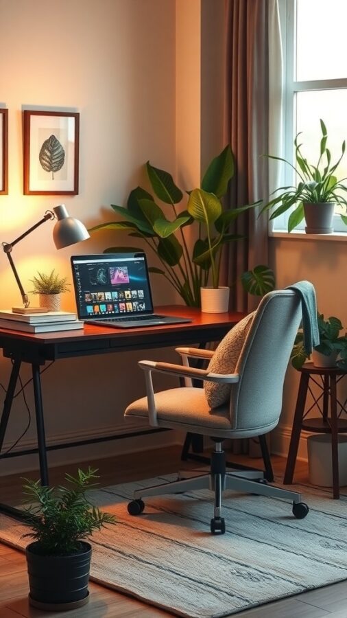 10 Must-Have Items for a Stylish Female Home Office 1 Cozy home office with a desk, computer, plants, and warm lighting.