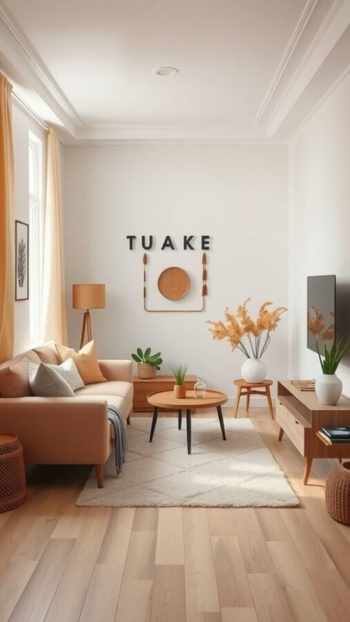 11 Chic Small Living Room Ideas in Neutral Tones 1 Cozy small living room with beige rugs, warm textiles, and greenery