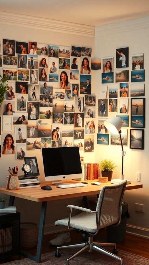 Custom Photo Displays for Home Office Home office wall adorned with a collage of personal photographs capturing cherished moments.