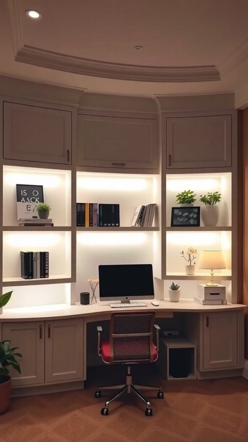 A well-lit home office with built-in shelves, featuring a computer, books, and decorative plants.