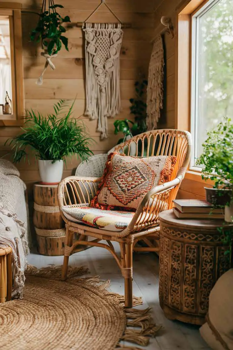 Tiny house living room corner featuring rattan chair with colorful cushion, jute rug, wooden side table, and macramé wall hanging with plants and books