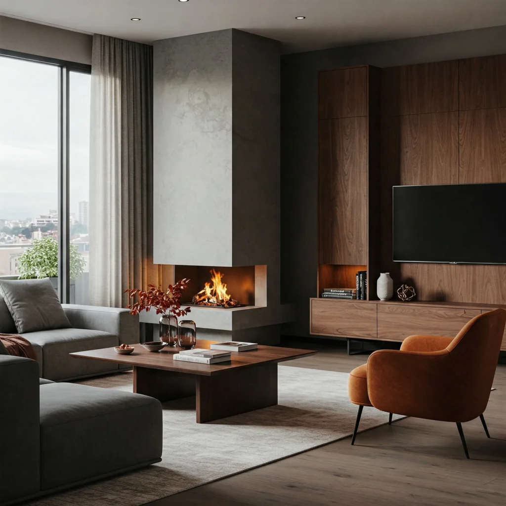 Living room centered around a fireplace