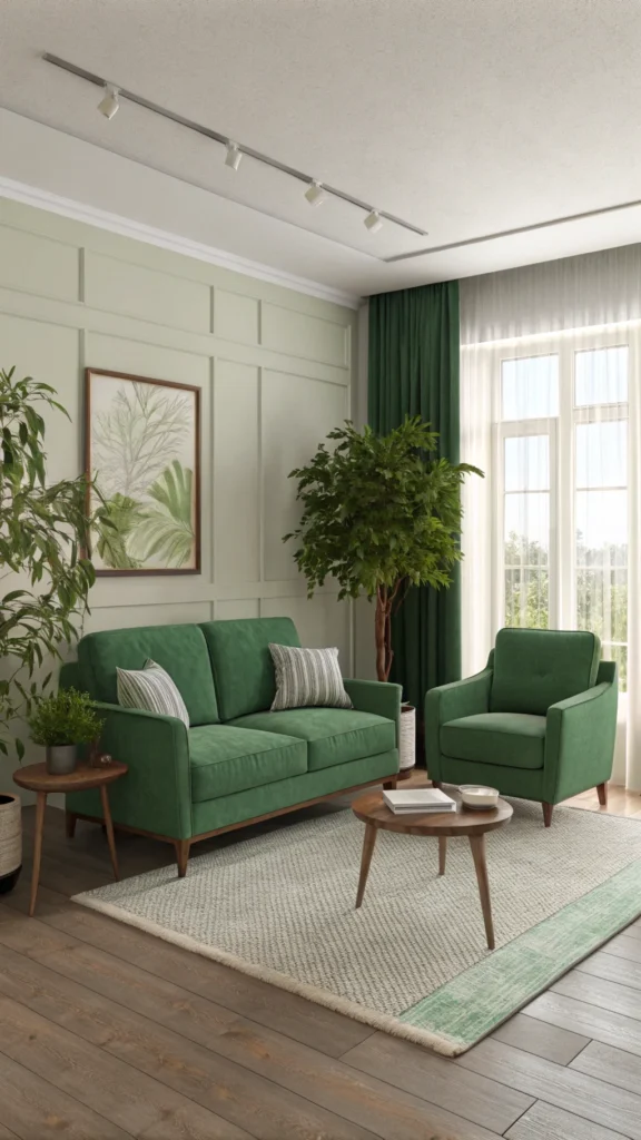 Living room featuring green furniture with 1 plant